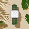 Neliö Square Vegan Leather Watch Silver, White & Green Watch Hurtig Lane Vegan Watches