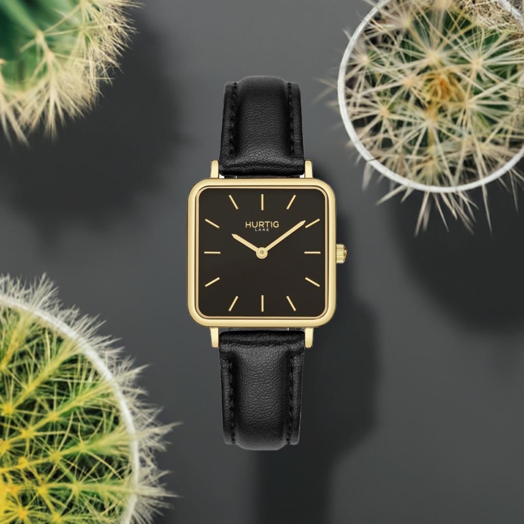 Neliö Square Vegan Leather Gold/Black/Black Watch Hurtig Lane Vegan Watches