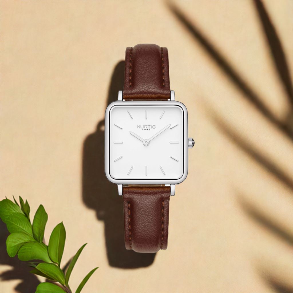 Neliö Square Vegan Leather Silver/White/Chestnut Watch Hurtig Lane Vegan Watches