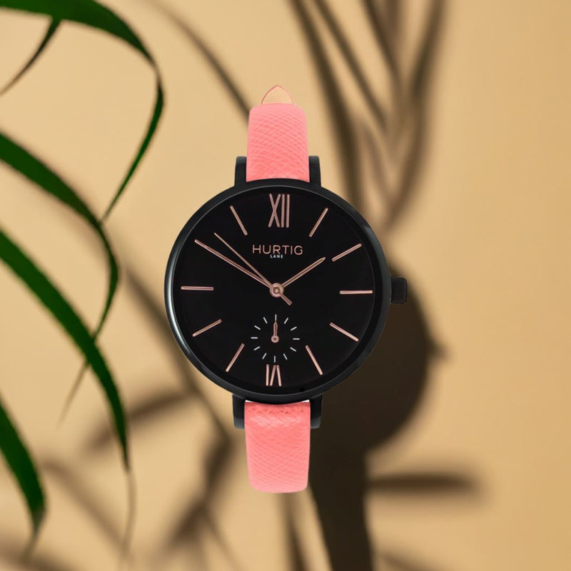 Amalfi Petite Vegan Leather Watch Black, Black & Coral Watch Hurtig Lane Vegan Watches