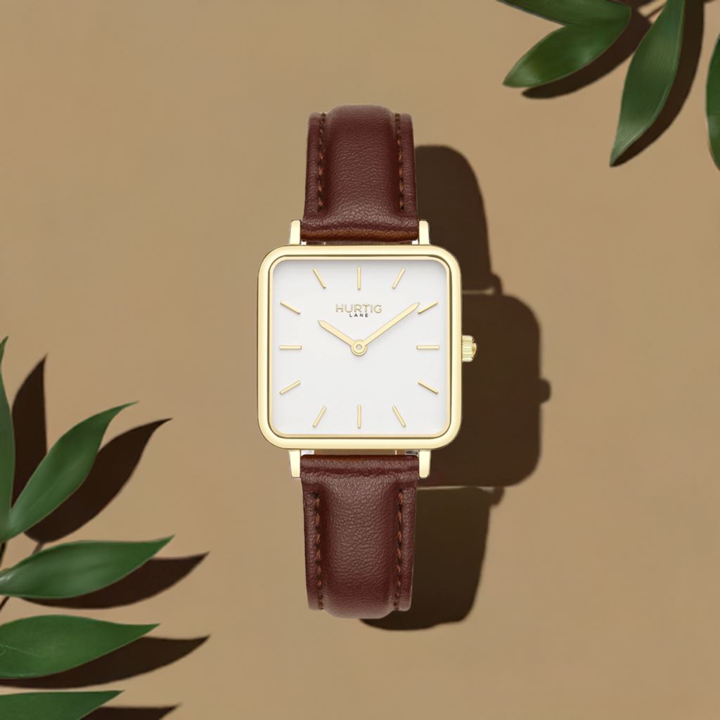 Neliö Square Vegan Leather Gold/White/Chestnut Watch Hurtig Lane Vegan Watches