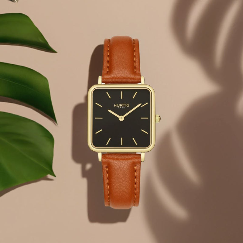 Neliö Square Vegan Leather Watch Gold, Black & Tan Watch Hurtig Lane Vegan Watches