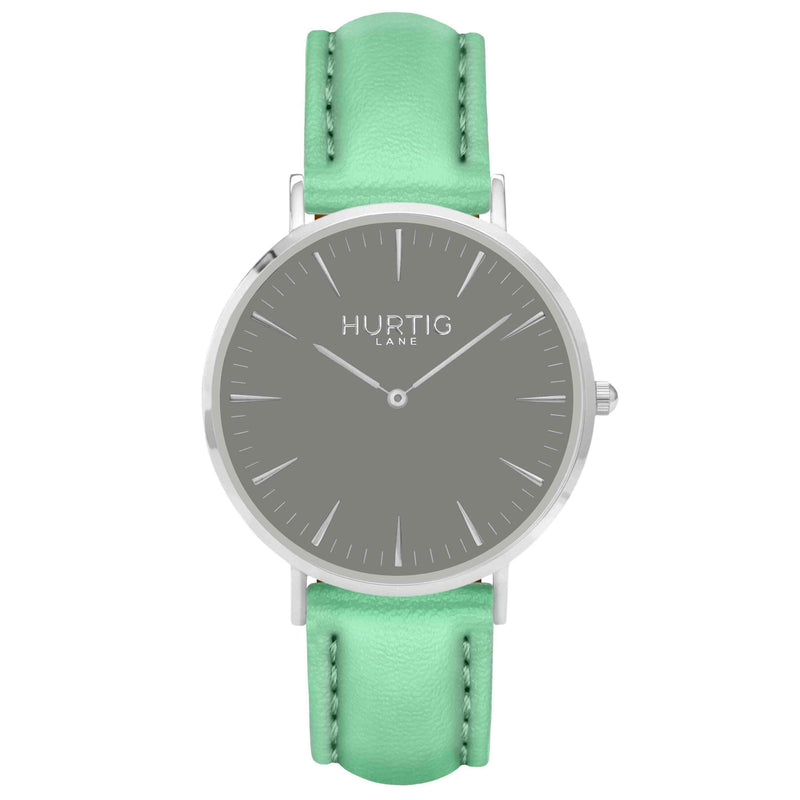 Mykonos Vegan Leather Watch Silver, Grey & Green Watch Hurtig Lane Vegan Watches