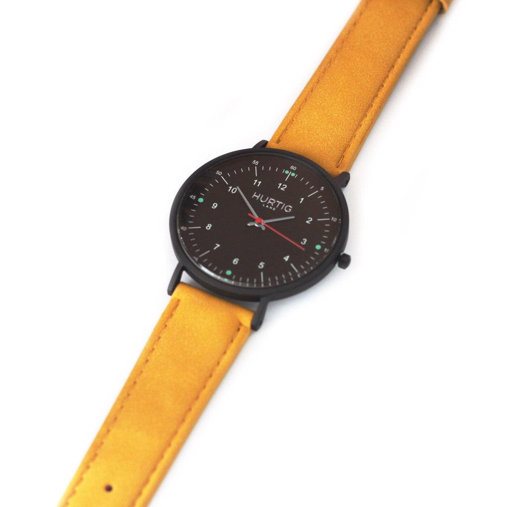 Moderno Vegan Suede Watch All Black & Mustard Watch Hurtig Lane Vegan Watches