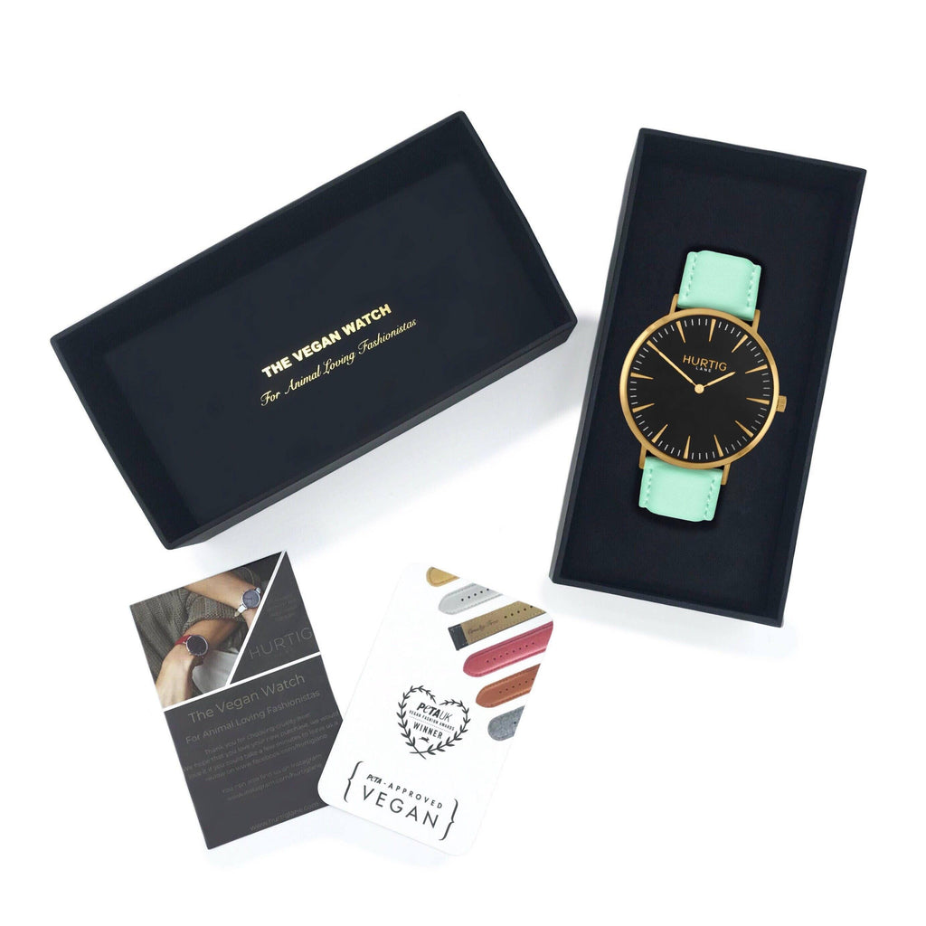 Mykonos Vegan Leather Watch Gold, Black and mint Watch Hurtig Lane Vegan Watches