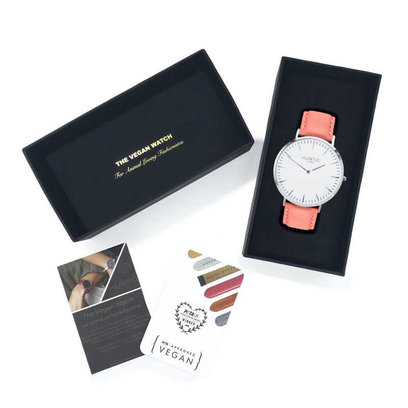 Mykonos Vegan Leather Silver/White/Coral Watch Hurtig Lane Vegan Watches