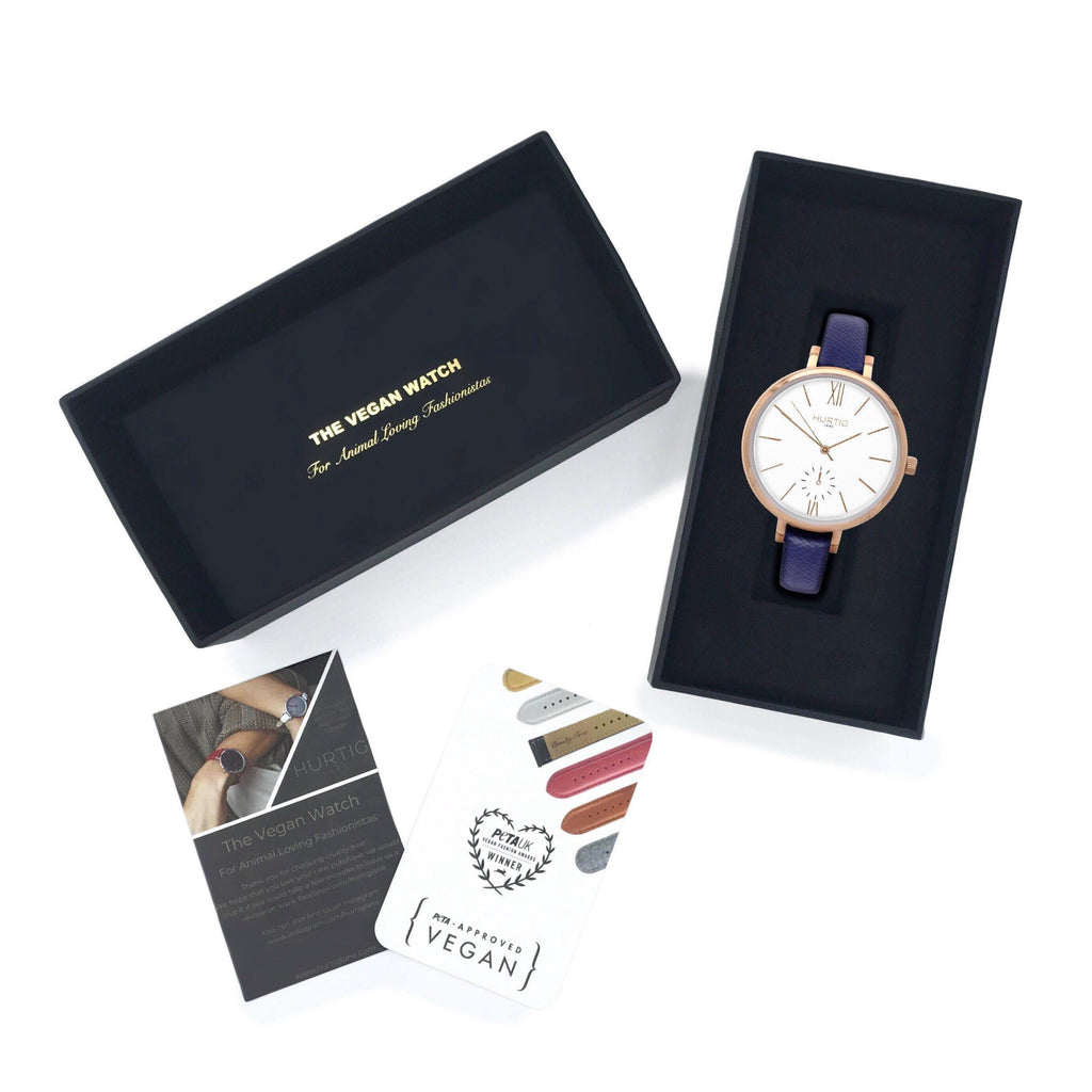 Amalfi Petite Vegan Leather Watch Gold, White & Marine Blue Watch Hurtig Lane Vegan Watches