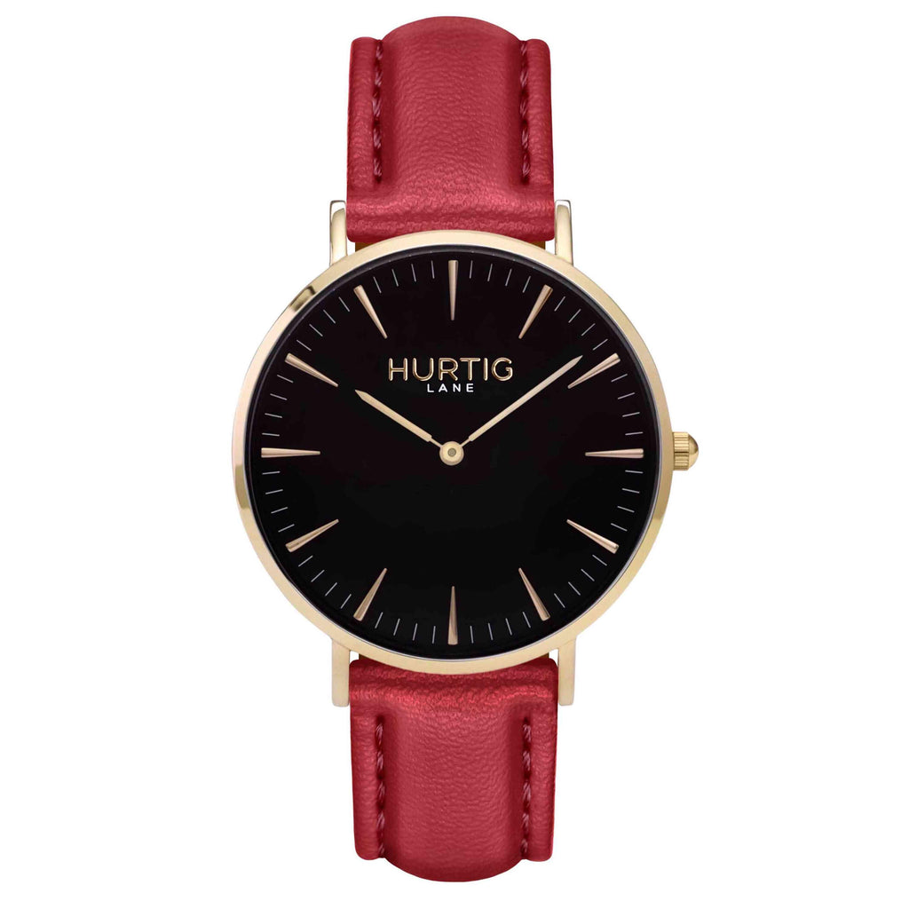 Mykonos Vegan Leather Watch Gold, Black and red Watch Hurtig Lane Vegan Watches