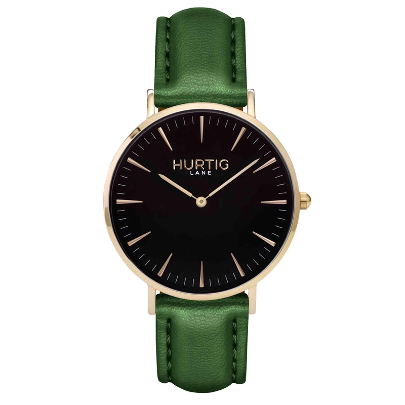 Mykonos Vegan Leather Watch Gold, Black and green Watch Hurtig Lane Vegan Watches