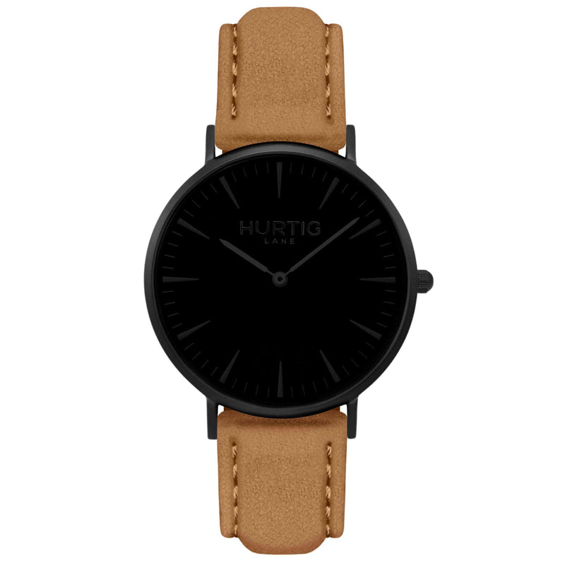 Hymnal Vegan Suede Watch All Black & Camel - Hurtig Lane - sustainable- vegan-ethical- cruelty free