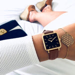 vegane uhr. women's vegan leather square watch gold, black and brown