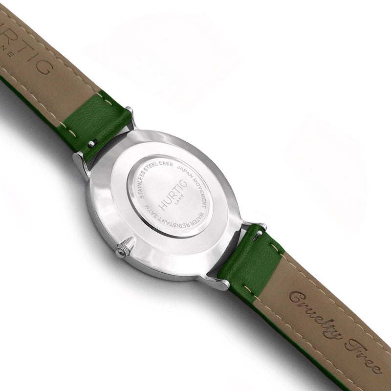 Moderna Vegan Leather Watch Silver, White & Green - Hurtig Lane - sustainable- vegan-ethical- cruelty free