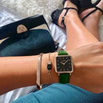 square vegan leather watch. gild, black and green. vegane uhr