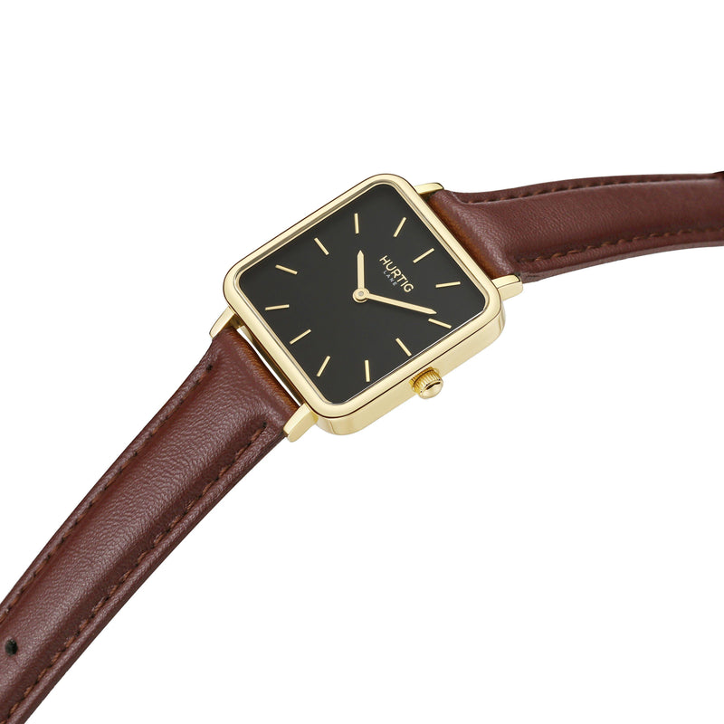 Neliö Square Vegan Leather Gold/Black/Chestnut Watch Hurtig Lane Vegan Watches