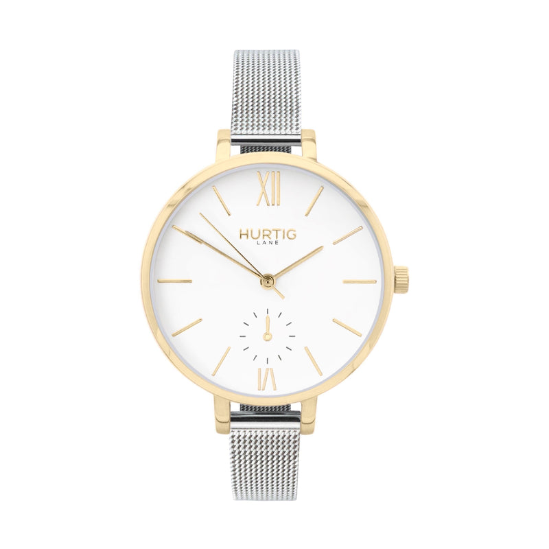 Amalfi Petite Vegan Leather Watch Gold, White & Grey Watch Hurtig Lane Vegan Watches