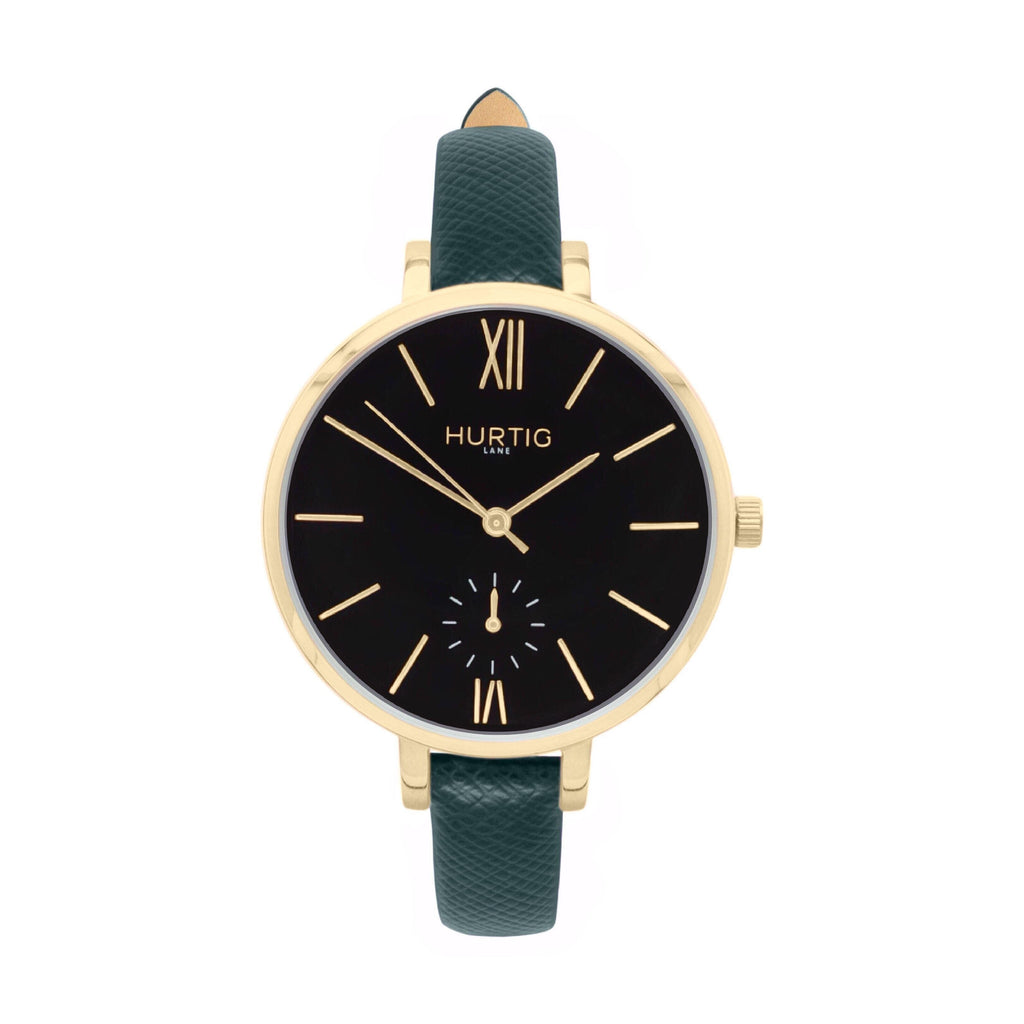 Amalfi Petite Vegan Leather Watch Gold, Black & Forest Green Watch Hurtig Lane Vegan Watches