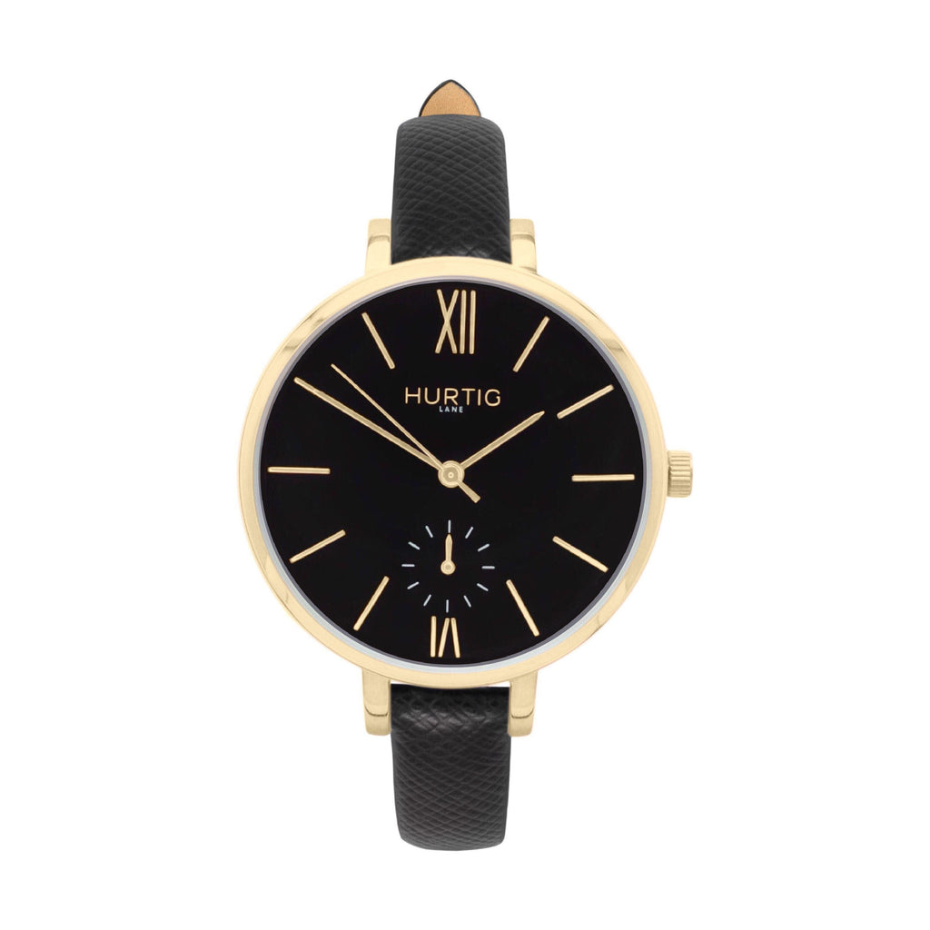 Amalfi Petite Vegan Leather Watch Gold, Black & Black Watch Hurtig Lane Vegan Watches